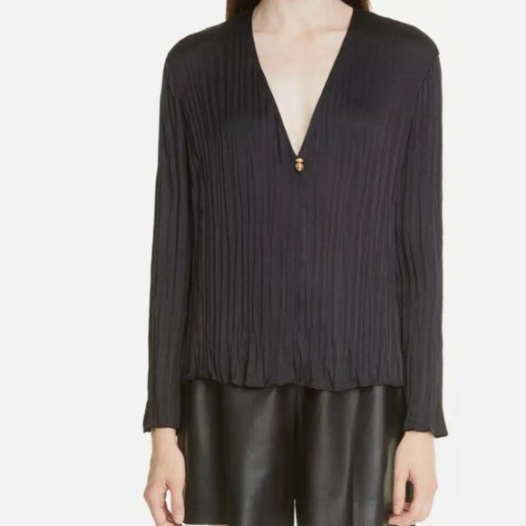 VINCE CHARM BUTTON DOUBLE V-NECK CRINKLE PLEAT BLOUSE TOP BLACK XS - Picture 1 of 12